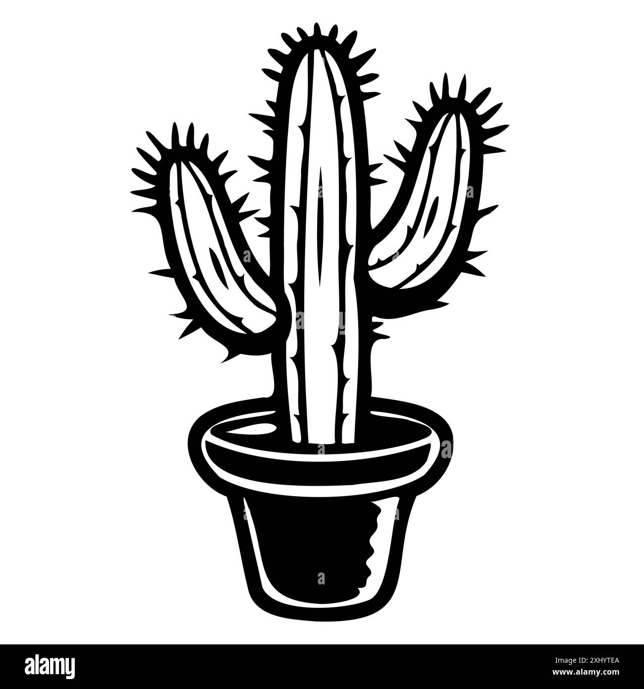 Illustrazione in bianco e nero di Cactus in vaso stilizzato Illustrazione Vettoriale
