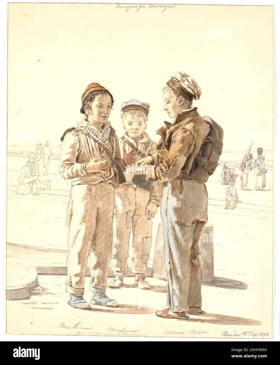 Acquerello di Martinus Rørbye (1803-1848) raffigurante tre ragazzi dell'Alvernia, mostrando figure, vestiti, postura e tecnica danese dell'acquerello del XIX secolo. Foto Stock