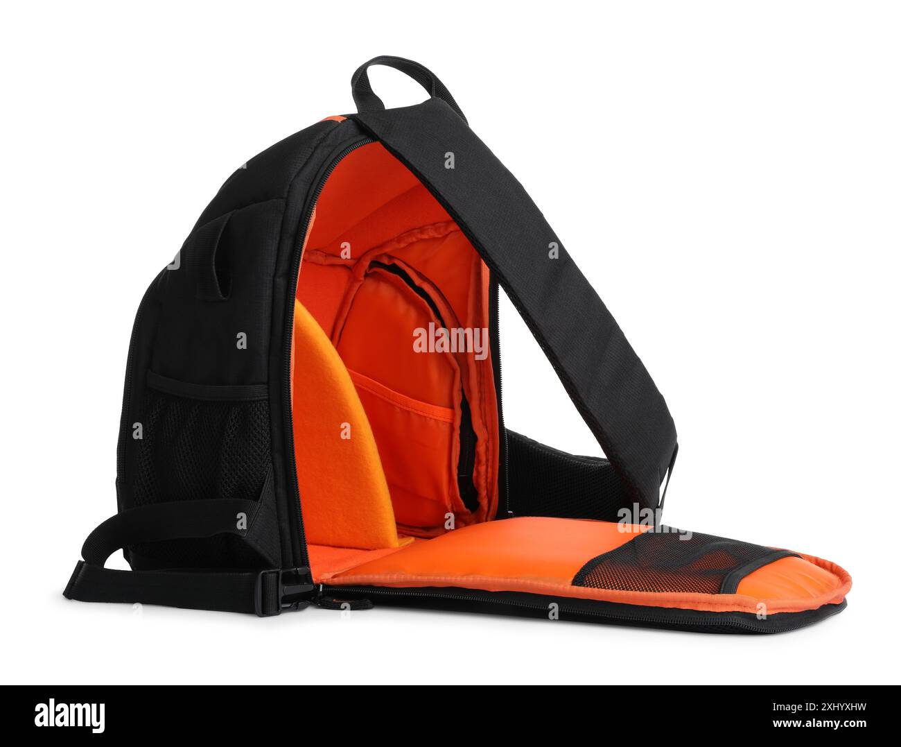 Zaino per fotocamera isolato su bianco. Accessorio professionale Foto Stock