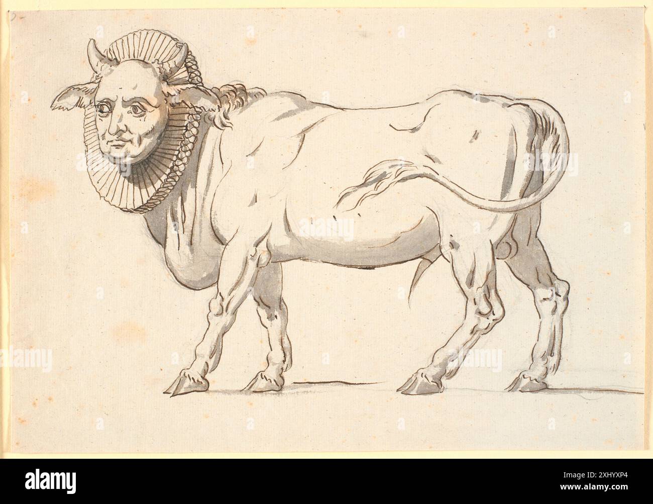 Disegno di Nicolai Abildgaard che mostra una caricatura di una figura clericale raffigurata come un toro con un volto umano e un collare a pipa, combinando satira e forma antropomorfica. Foto Stock