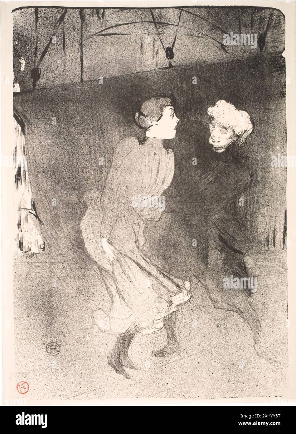La litografia di Henri de Toulouse-Lautrec "Change Rehearsal at the Folies Bergère" (1864-1901) raffigura gli interpreti Emilienne d'Alenko e Mariquita durante le prove, concentrandosi sulla postura del palco, sui dettagli del costume e sul gesto espressivo in un ambiente teatrale. Foto Stock