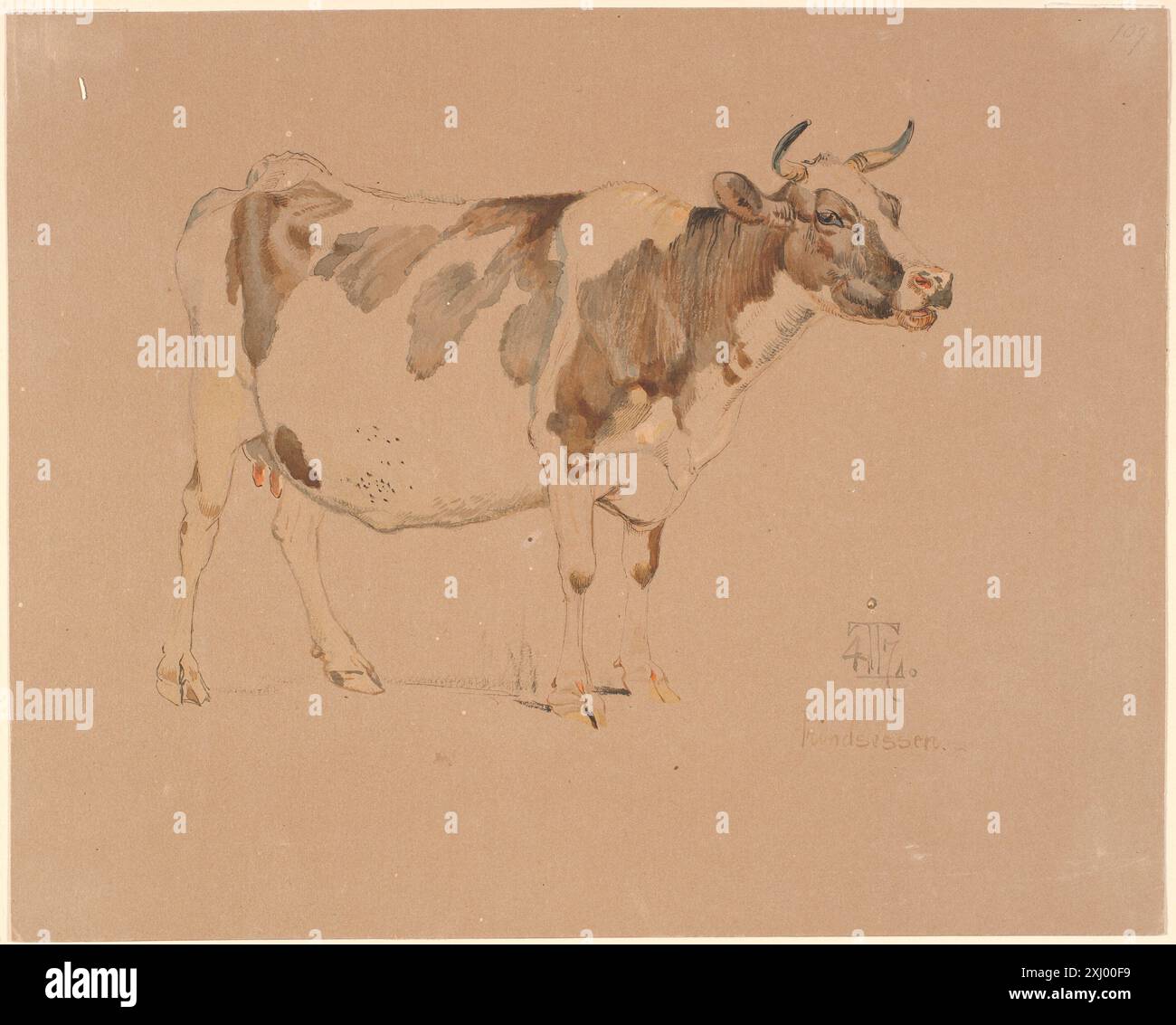 Un disegno di Johan Thomas Lundbye raffigurante una mucca dalla testa rossa in piedi. Foto Stock