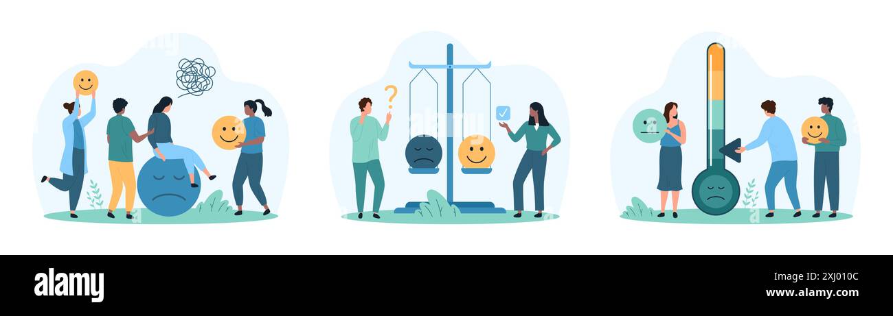 Sondaggio sulla soddisfazione con emoji sull'umore dei clienti derivante dal set di esperienze di prodotto o servizio. Le piccole persone cercano di cambiare le emozioni tristi, pesano emoticon positive negative su scale illustrazioni vettoriali dei cartoni animati Illustrazione Vettoriale