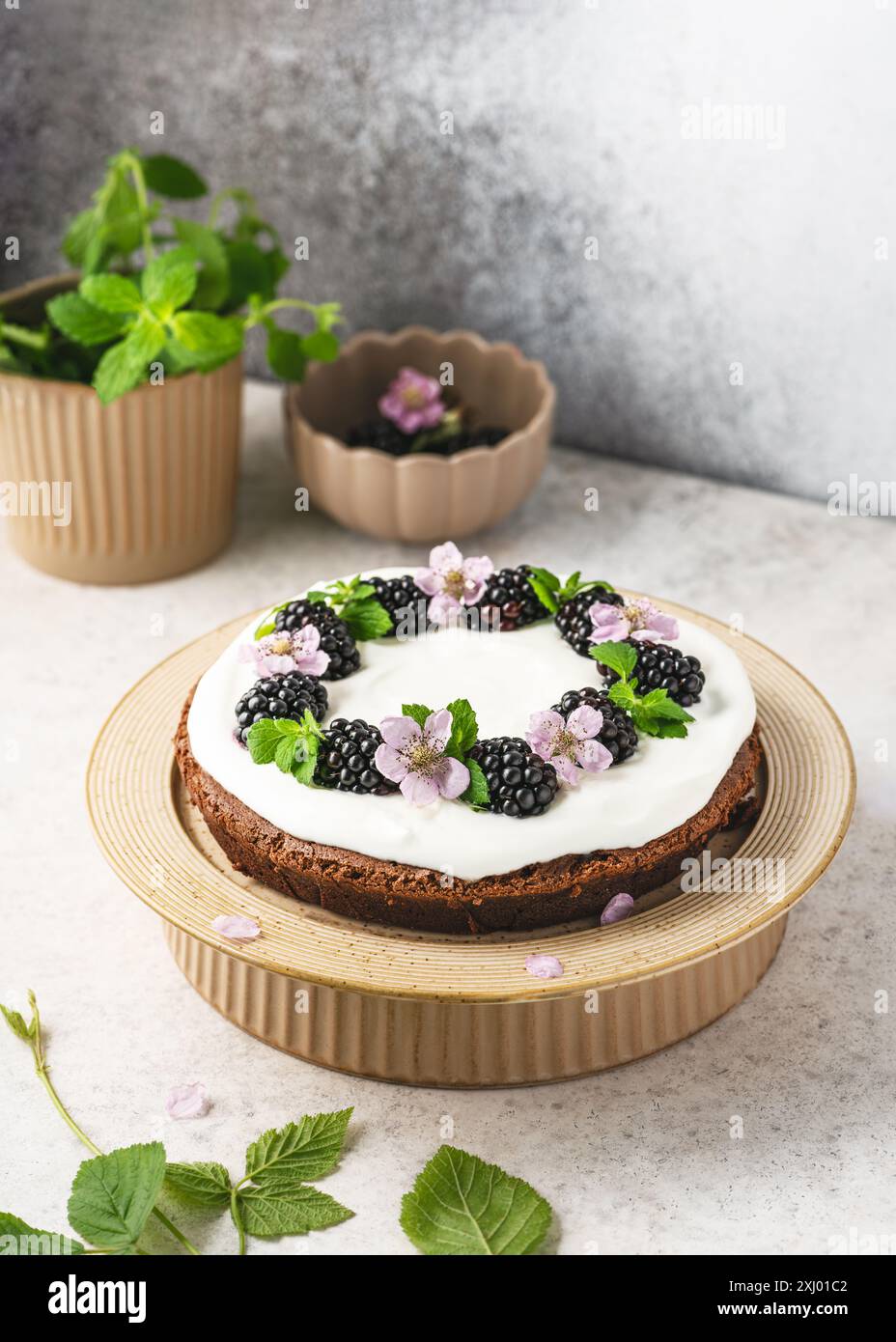 Deliziosa torta al cioccolato fondente fatta in casa con crema alla vaniglia decorata con more, fiori e foglie di balsamo al limone. Concetto di cibo dolce. Foto Stock