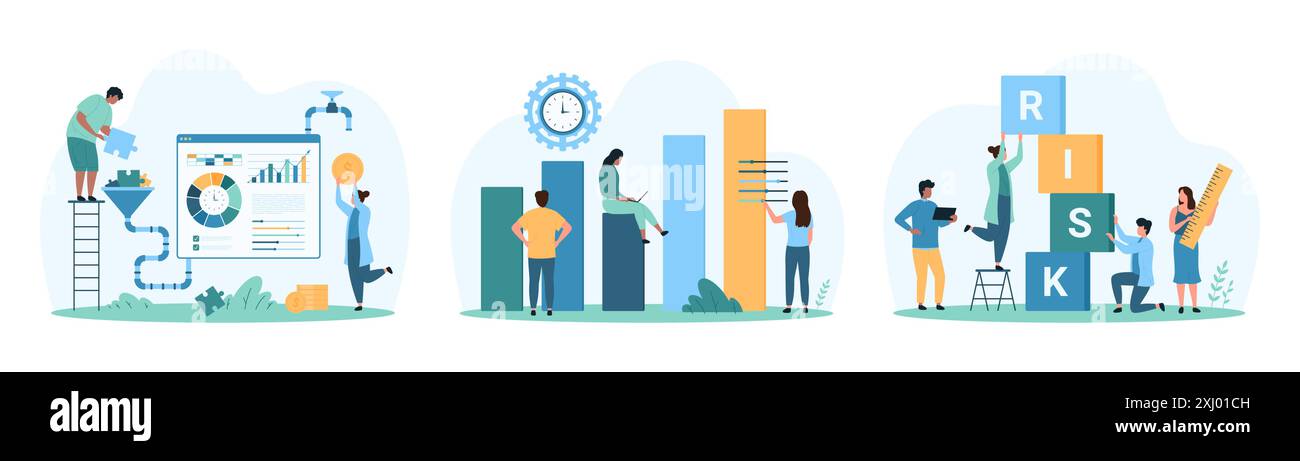 Valutazione finanziaria, analisi dei rischi economici, gestione e controllo. Le piccole persone valutano la sicurezza degli investimenti con l'analisi finanziaria, gestiscono i dati utilizzando l'illustrazione vettoriale dei cartoni animati software Illustrazione Vettoriale