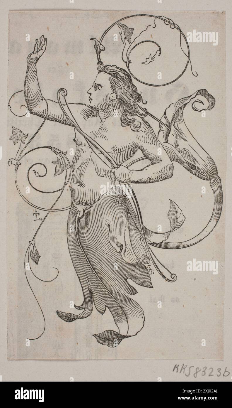 Xilografia di Andreas Flinch (1813-1872) e Johan Thomas Lundbye (1818-1848) che mostra una figura geniale con un arco nella mano sinistra e ha sollevato la mano destra di fronte a un uccello coronato, sottolineando l'anatomia umana, il gesto e il significato simbolico. Foto Stock