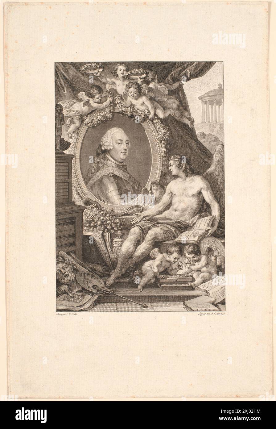 Questa incisione in rame di Augustin de Saint-Aubin funge da frontespizio per "Descrizione delle principali pietre incise del governo del Duca di Orleans", che riflette la stampa francese del XVIII secolo. L'artista è Augustin de Saint-Aubin. Foto Stock