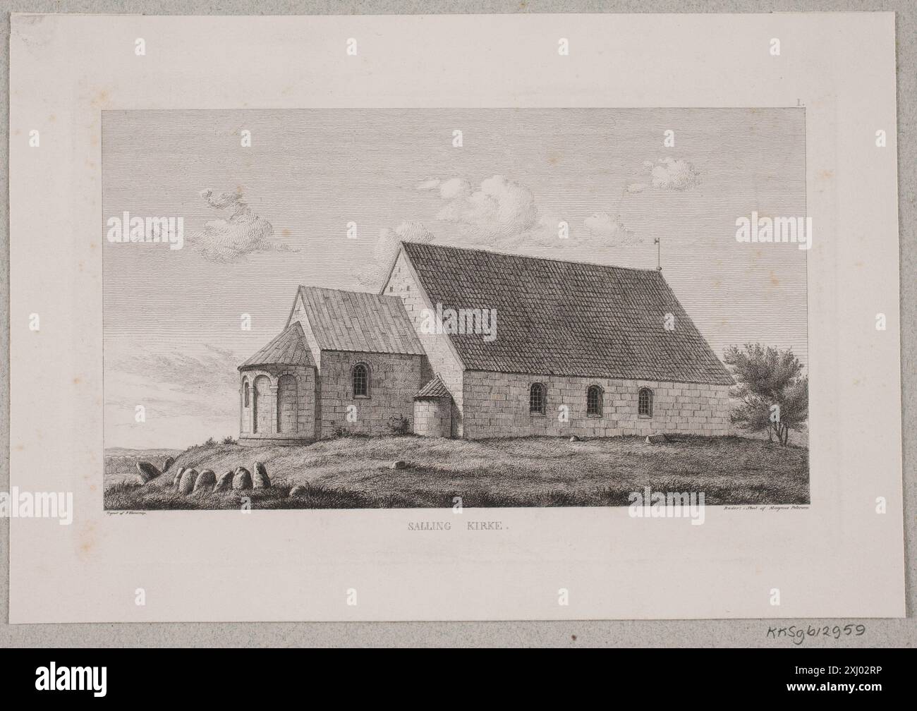 Salling Church Magnus-Petersen, Julius 1827 - 1917, Kornerup, Jacob 1825 - 1913 Etching, Print Salling kirke Foto Stock