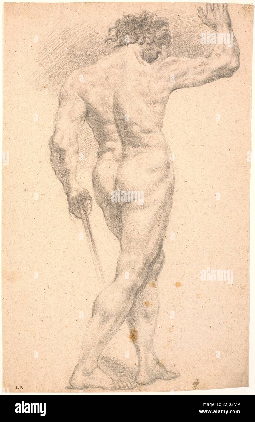Un disegno di Heinrich Dittmers che mostra un modello maschile in piedi dal retro con la mano destra sollevata, enfatizzando lo studio anatomico e la proporzione nel disegno in figura. Foto Stock