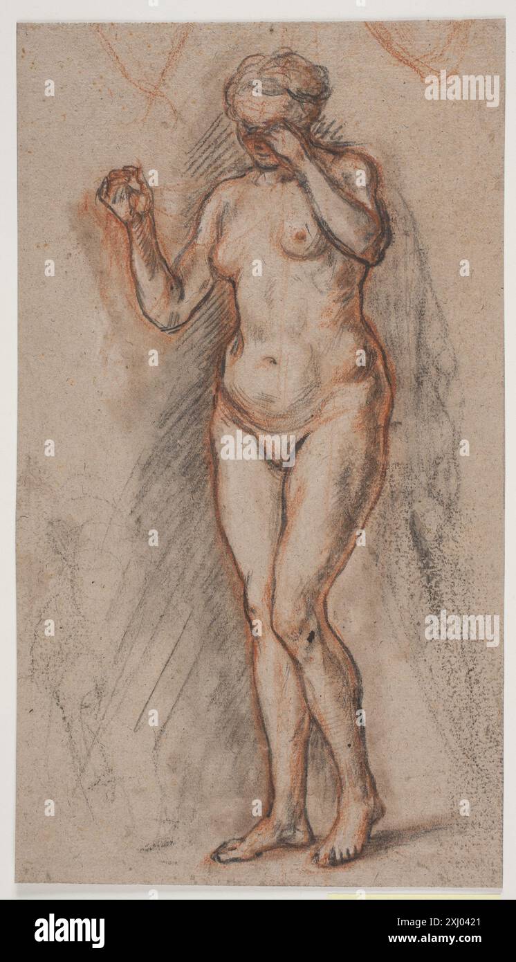 Disegno di una figura modello femminile con braccia rialzate, braccio sinistro davanti agli occhi, di Jacques Francois Joseph Saly (1717-1776), registrato negli studi del suo lavoro presso l'Académie de Peinture de Paris (1896). Foto Stock