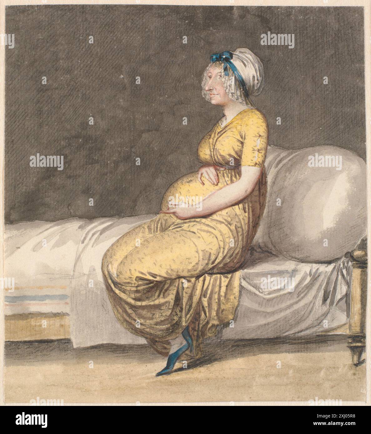 Il disegno di Nicolai Abildgaard raffigura una caricatura di una moglie fertile seduta su un letto, enfatizzando la postura della figura, le proporzioni del corpo e l'esagerazione umoristica delle caratteristiche. Foto Stock