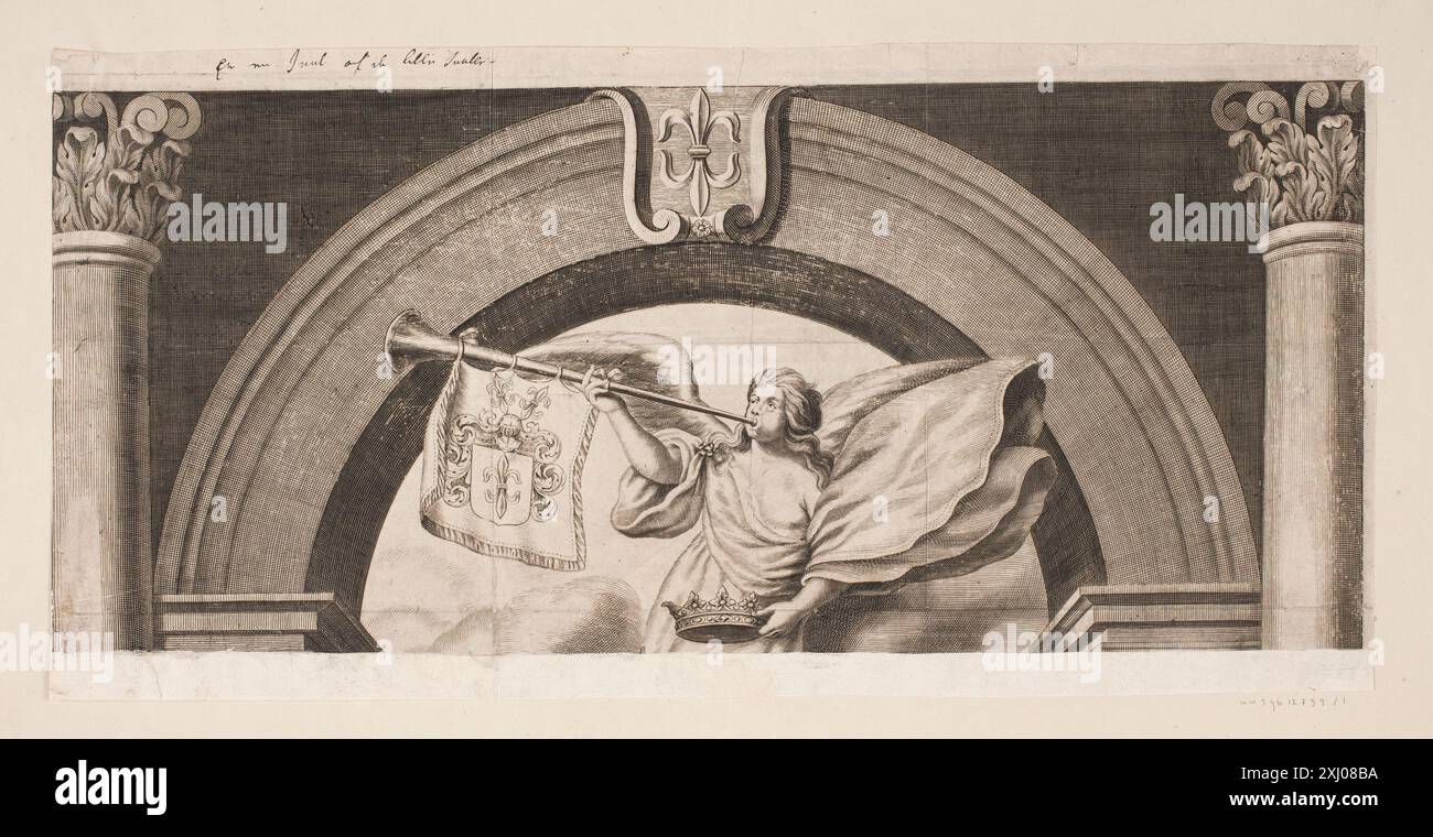 Incisione in rame di Hubert Schaten raffigurante la parte superiore di un barile di proprietà di Juul, che mostra coperchio, grano di legno e cerchi metallici. Foto Stock