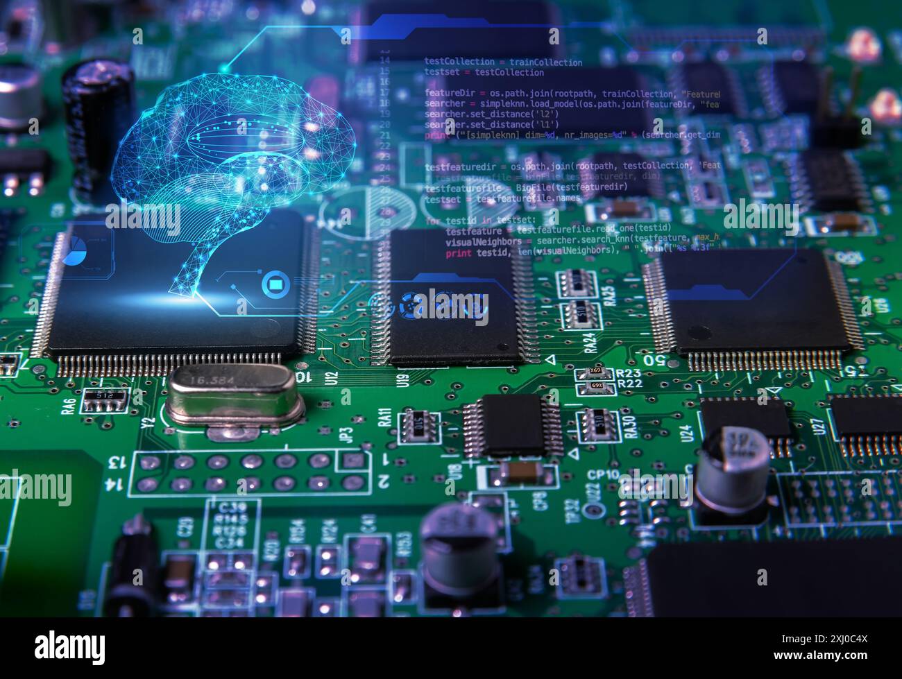 Concetto di intelligenza artificiale con microchip e sovrapposizione digitale del cervello. Rappresenta ai, tecnologia, innovazione e apprendimento automatico. Foto Stock