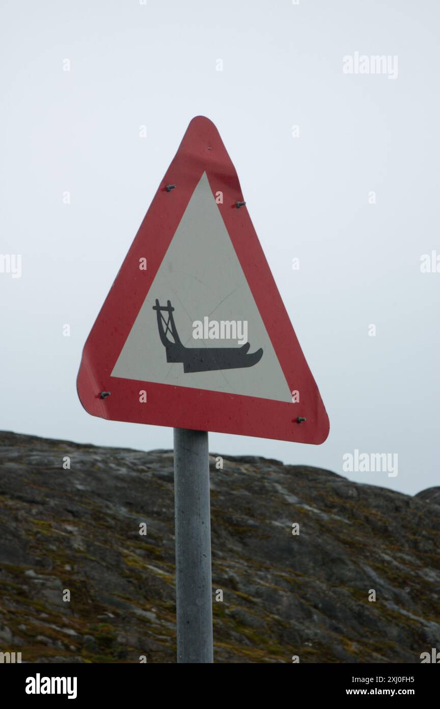 Cartello segnaletico per slitta trainata da cani, Groenlandia Foto Stock