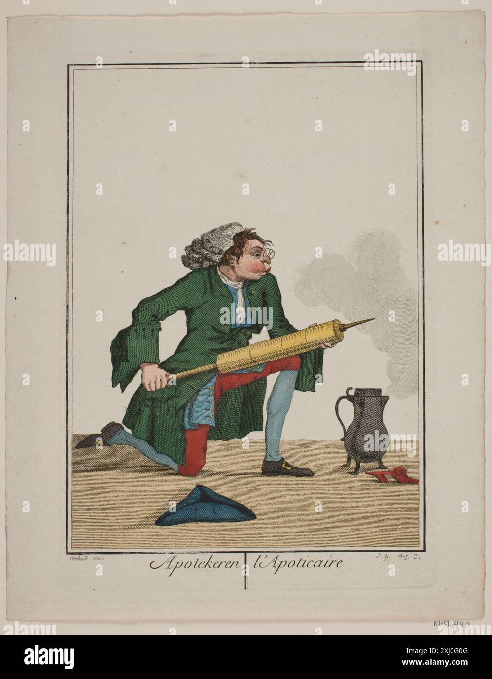 Incisione raffigurante un farmacista al lavoro, illustrando la preparazione e la dispensazione di farmaci. Di Georg Christian Schule, Louis ami Arlaud e J.F. Clemens, che mostrano lo studio farmaceutico europeo del XVIII-XIX secolo. Foto Stock