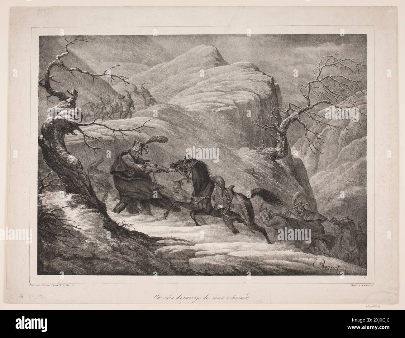 Una scena dal Passage du Mont St. Bernard Heuer, Wilhelm 1786 - 1856, Vernet, Carle 1758 - 1836 litografia, Print Raffet: peintre National, Henri Béraldi, VIII, p. 117, 6968, [1892]. Carle Vernet: étude sur l'artiste, suivie d'un Cat. de l'oeuvre gravé et lithographie du cat. De l'Exposition rétrospective de 1925, Armand Dayot, 175, 8586, 1925 Une scène du passage du mont St. Bernard Foto Stock