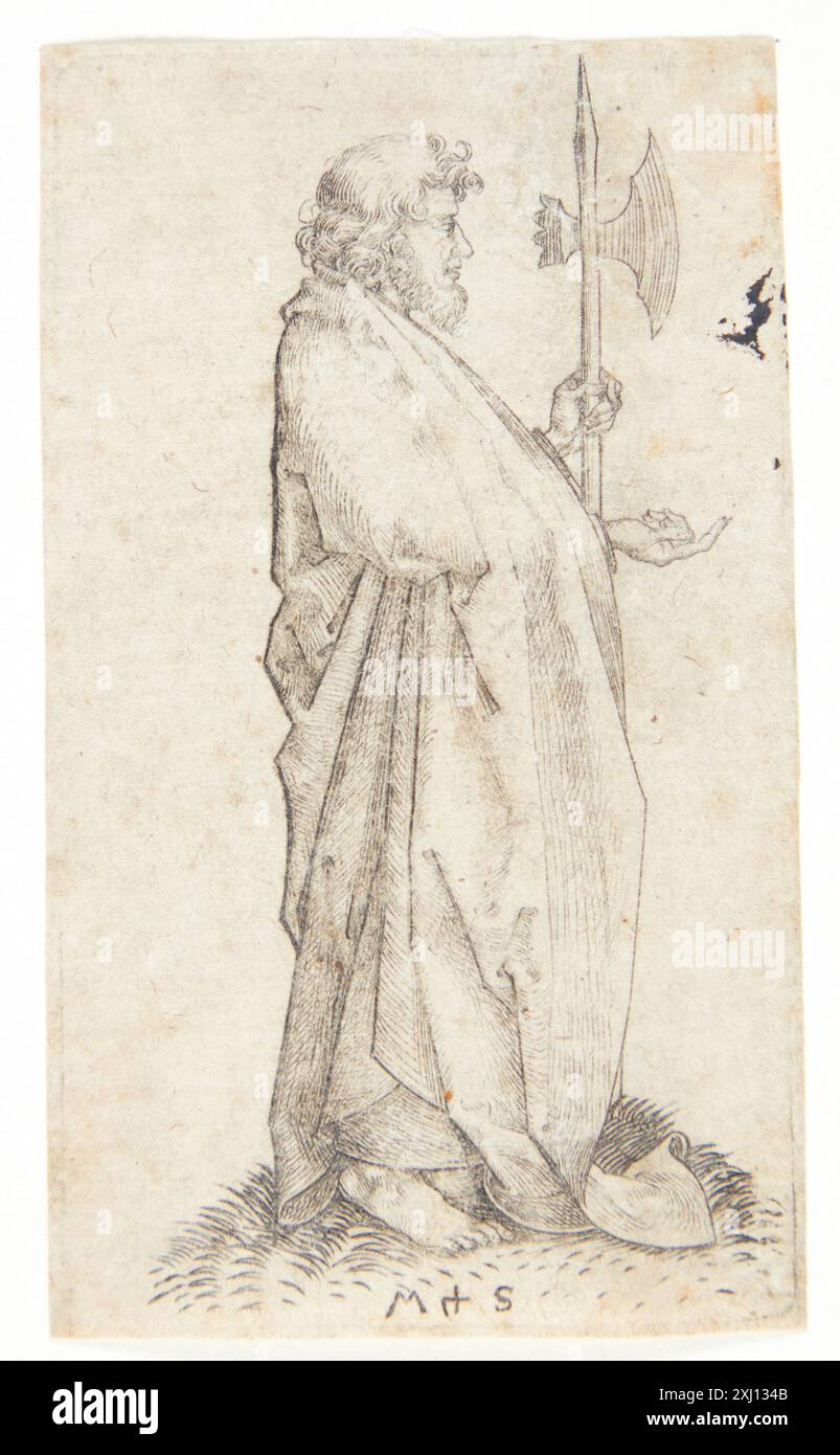 Incisione in rame di Martin Schongauer raffigurante l'apostolo Matteo, con vesti dettagliate, gesti, caratteristiche facciali e attributi cristiani simbolici. Foto Stock