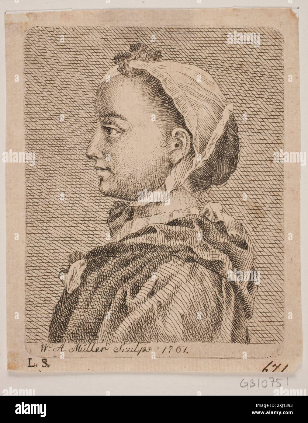 Una giovane signora di profilo Müller, W.A. 1733 - 1816 incisione, Print Samlinger til en beskrivende Fortegnelse over danske kobberstik, raderinger, illustratore m. m., Frederik G. Krohn, nr. 522, D 3448, 1889. Les marques de collections de dessins & d'estampes: marques estampillées et écrites de collections particulières et publiques, Frits Lugt, nr. 1763, 7027, 1921-1956 EN ung Dame i Profil Foto Stock