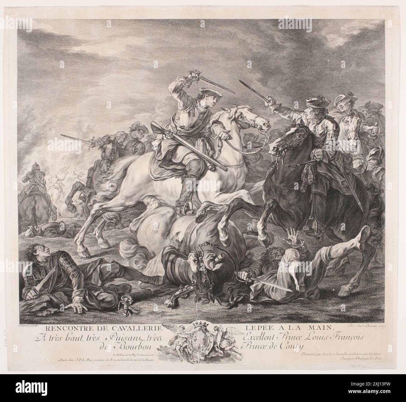 Equestrian Fighting Preisler, Johan Martin 1715 - 1794, Parrocel, Charles 1688 - 1752, le Bas, Jacques Philippe 1707 - 1783 incisione in rame, Print Neues allgemeines Künstlerlexicon: oder Nachrichten von dem Leben und Werken der Maler, Bildhauer, Baumeister, Kupferstecher, Formschneider, litografia, Zeichner, Medailleure, Elfenbeinarbeiter, ecc., G. K. Nagler, n. 42, D 6331, 1835-1852. Manuel de l'amateur d'estampes, Charles le Blanc, nr. 49, C 35580, 1854-[1890] Rytterfægtning Foto Stock