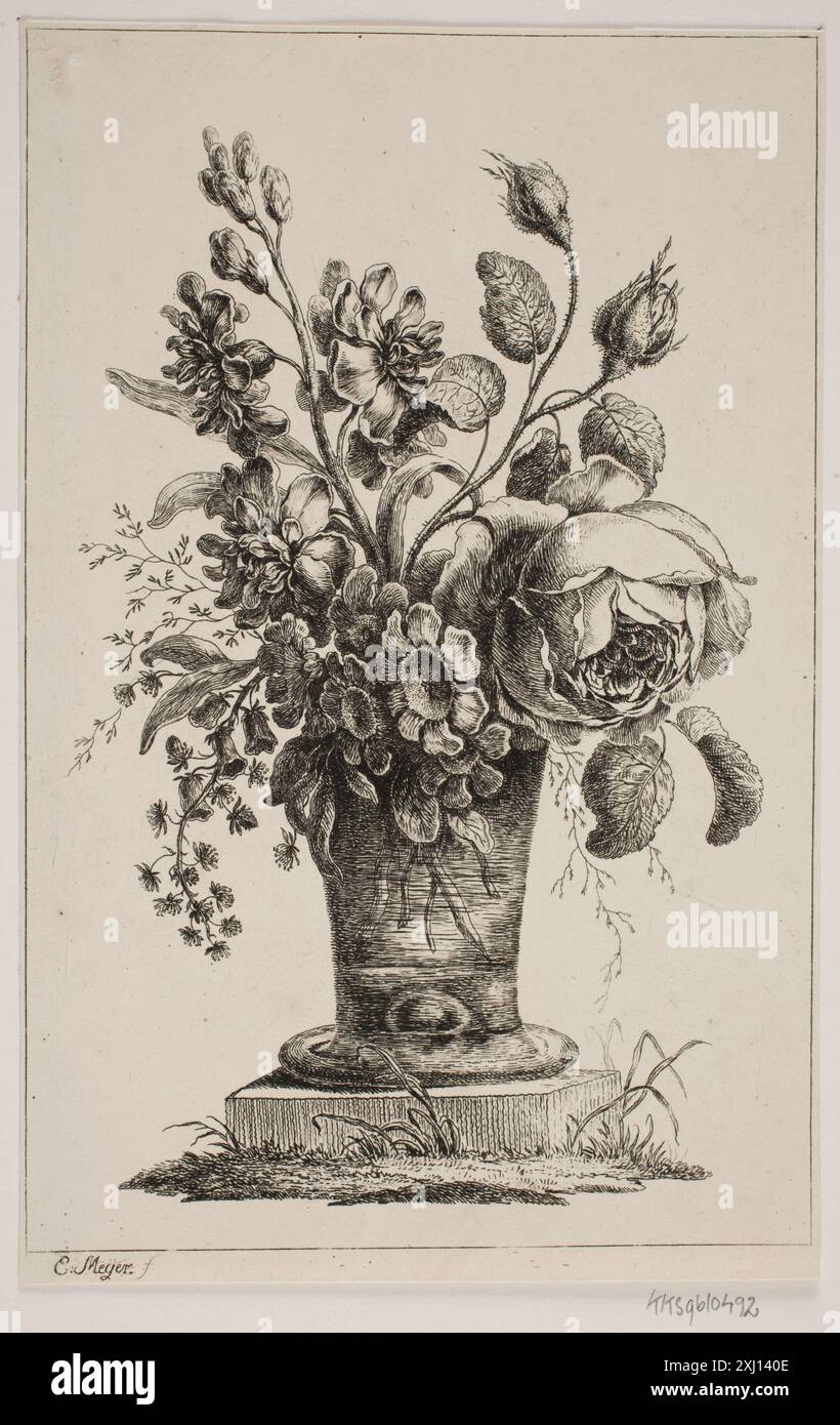 Fiori in un bicchiere, una rosa, auricle, ecc.. Meyer, Elias 1763 - 1809 incisione, Print Samlinger til en beskrivende Fortegnelse over danske kobberstik, raderinger, illustratore m. m., Frederik G. Krohn, 1061, d 3448, 1889 Blomster i et Glas, en Rose, Aurikler m.v. Foto Stock