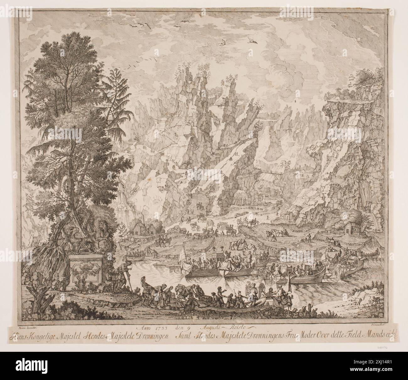 Anno 1733 il 9 agosto, sua Maestà reale ha cresciuto sua Maestà Regina e sua Maestà Regina Mamma su questo campo maschio Cramer, Peter 1726 - 1782, Miani, Hieronimo 1646 - 1746 incisione, Print Samlinger til en beskrivende Fortegnelse over danske kobberstik, raderinger, illustratore m., Frederik G. Krohn, n. 492, D 3448, 1889 anno 1733 den 9. Augusti liste Hans Kongelige Majestet Hendes Majestet Dronningen Samt Hendes Majestete Dronningens FRU Moder su dette Field Mandsseidet Foto Stock