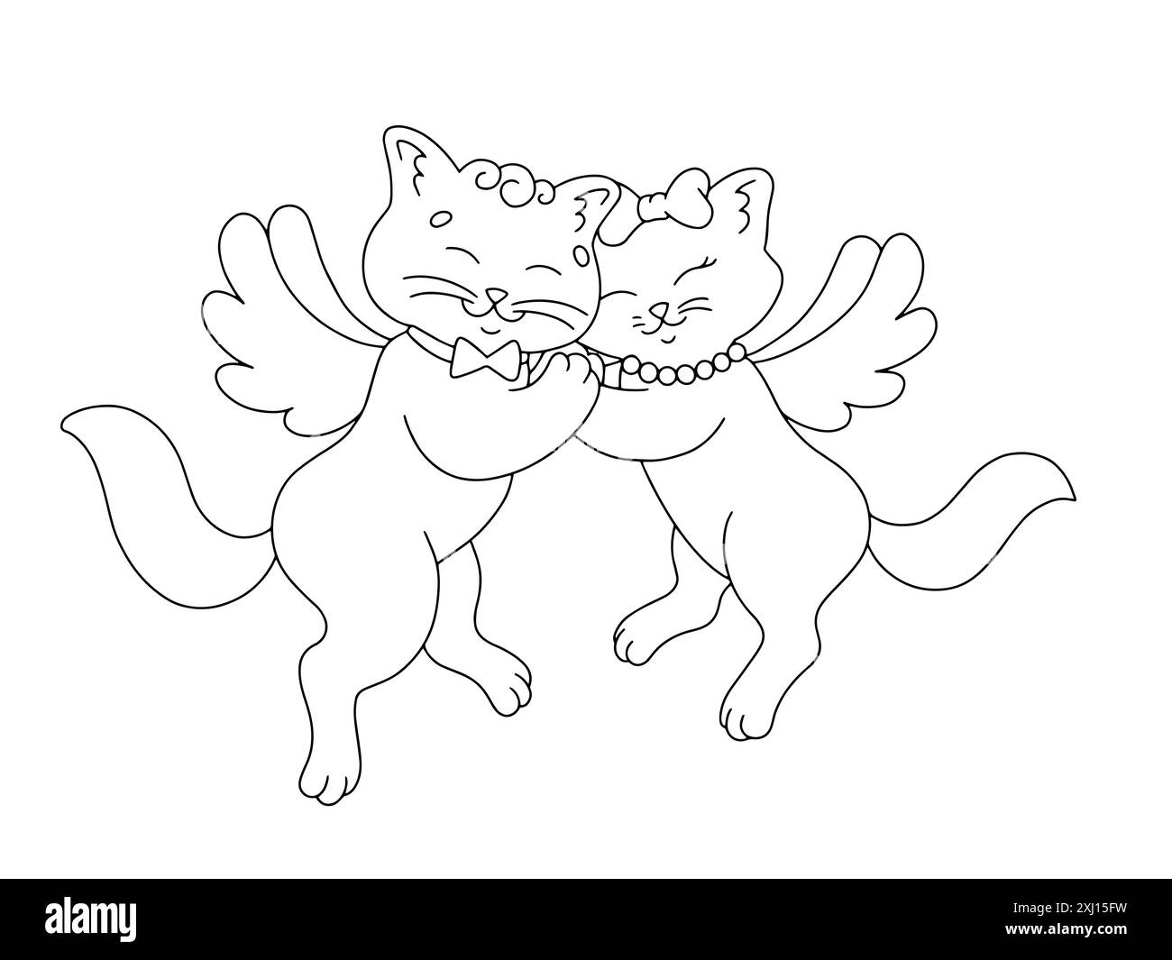 Un paio di gatti innamorati. Pagina di libri da colorare per bambini. Personaggio in stile cartoni animati. Illustrazione vettoriale isolata su sfondo bianco. San Valentino. Illustrazione Vettoriale