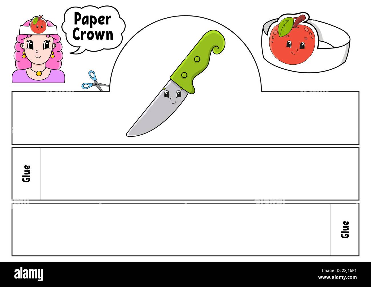 Modello corona in carta per bambini. Per giochi, torte, compleanni, vacanze. Con un carino personaggio dei cartoni animati. Isolato su sfondo bianco. Adatto per la stampa Illustrazione Vettoriale