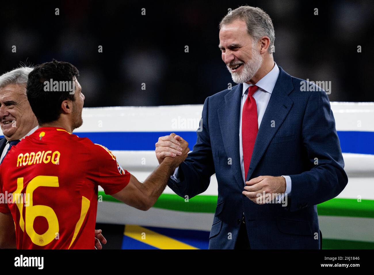 BERLINO, GERMANIA - 14 LUGLIO: Rodri, Felipe vi, re di Spagna durante l'incontro finale di UEFA EURO 2024 tra Spagna e Inghilterra all'Olympiastadion il 1° luglio Foto Stock