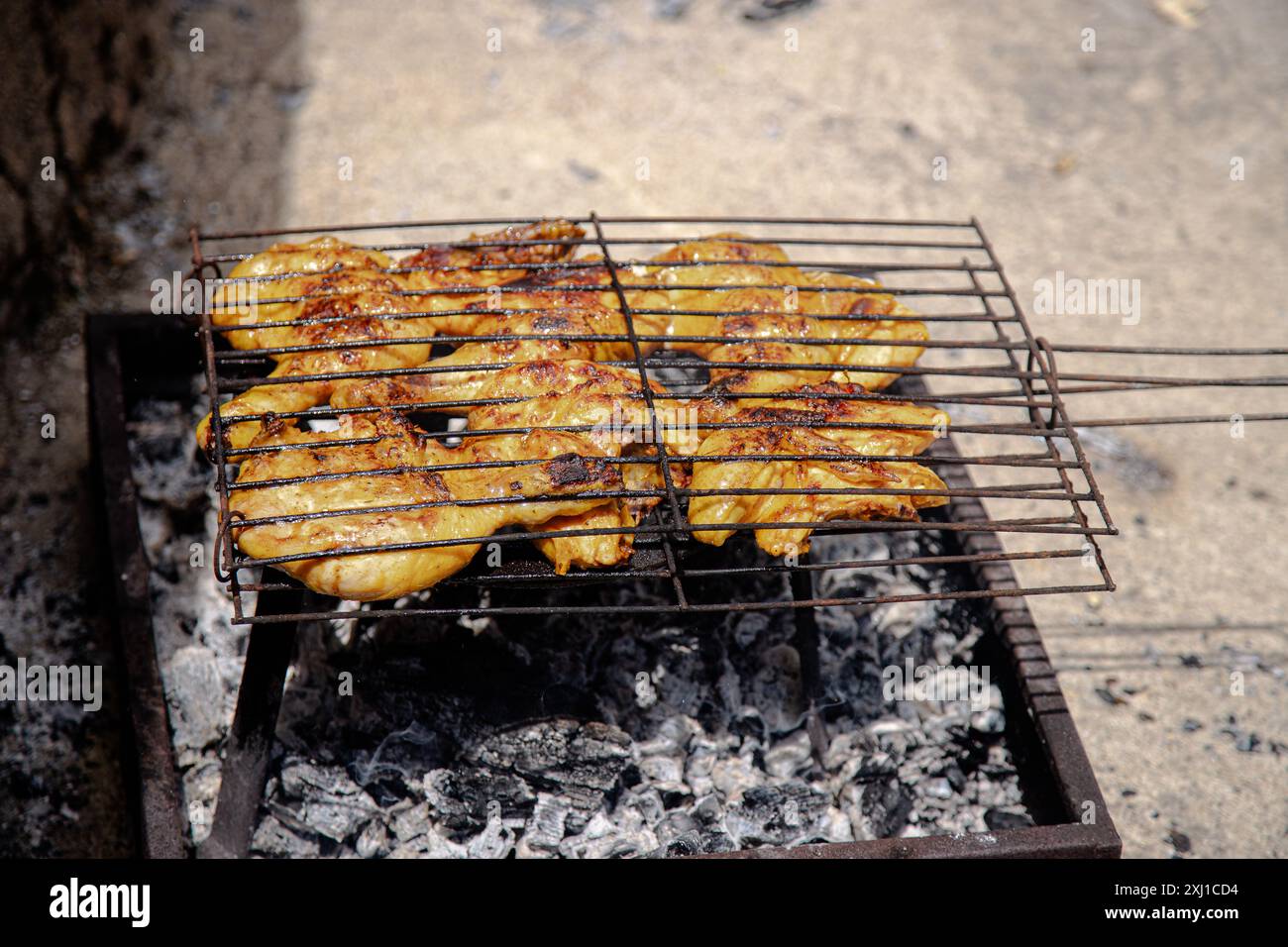 I succosi pezzi di pollo stagionato vengono grigliati alla perfezione su una griglia metallica su carboni caldi, catturando l'essenza di un rustico barbecue all'aperto Foto Stock