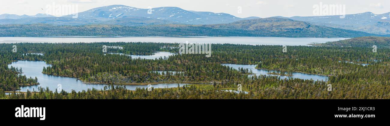 Una vista panoramica del lago Rogen e delle montagne circostanti in Svezia. L'immagine cattura la vastità del paesaggio, con un fiume serpeggiante che scorre Foto Stock