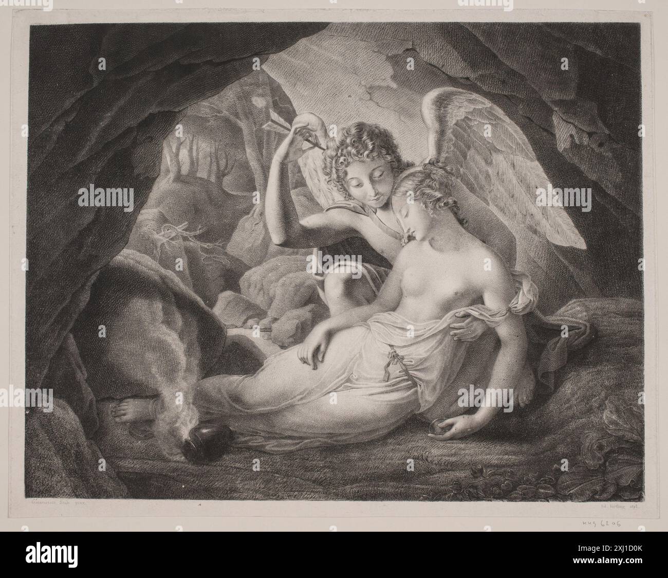 Incisione raffigurante le figure mitologiche Amor e Psiche, create da Edvard Fortling e C.G. Kratzenstein stub, mostrando posa e interazione classiche. Foto Stock