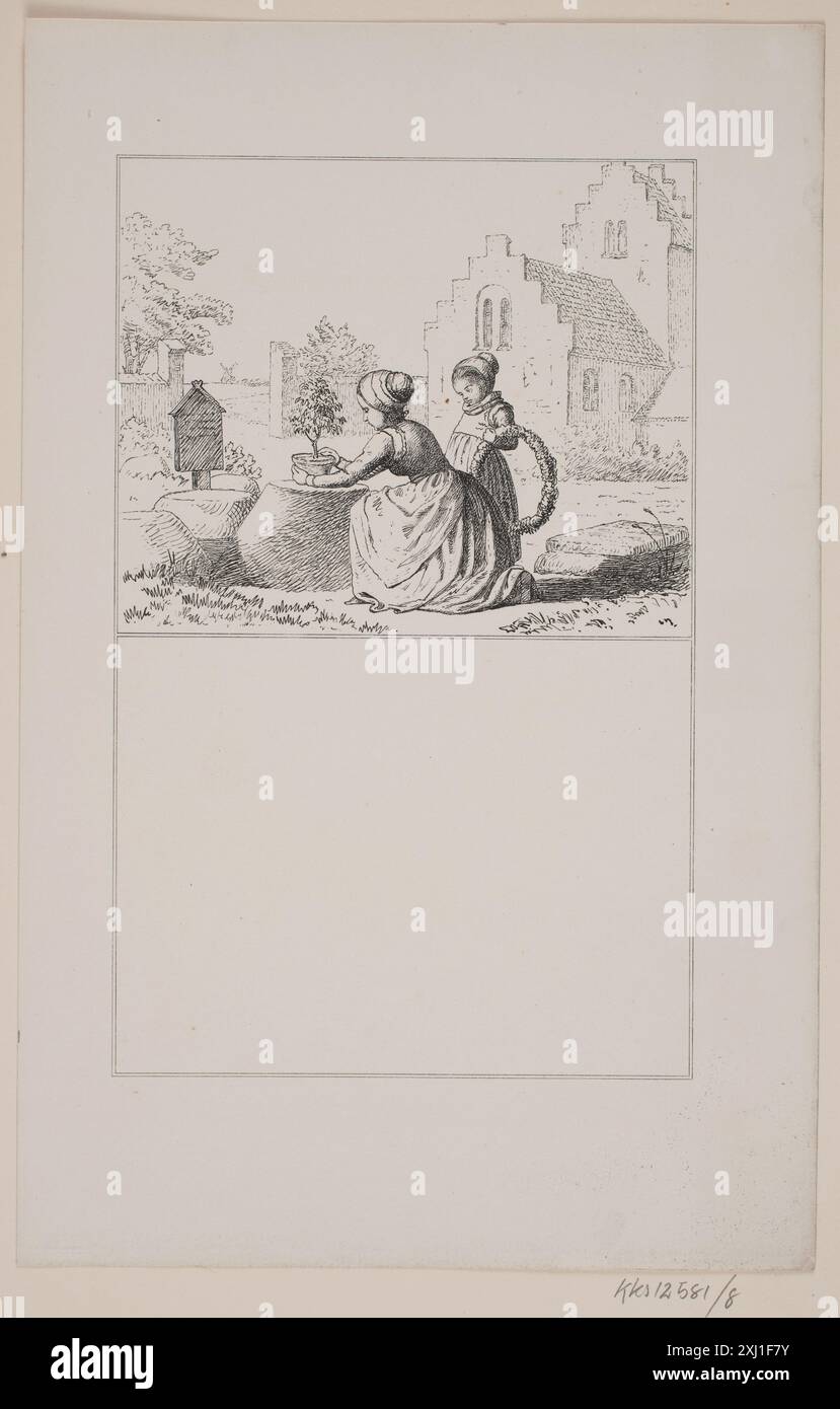 Questa litografia di Kittendorff, Exner e Winther raffigura la tomba di un bambino, enfatizzando lutto, dolore e un'atmosfera cupa in un cimitero. Foto Stock