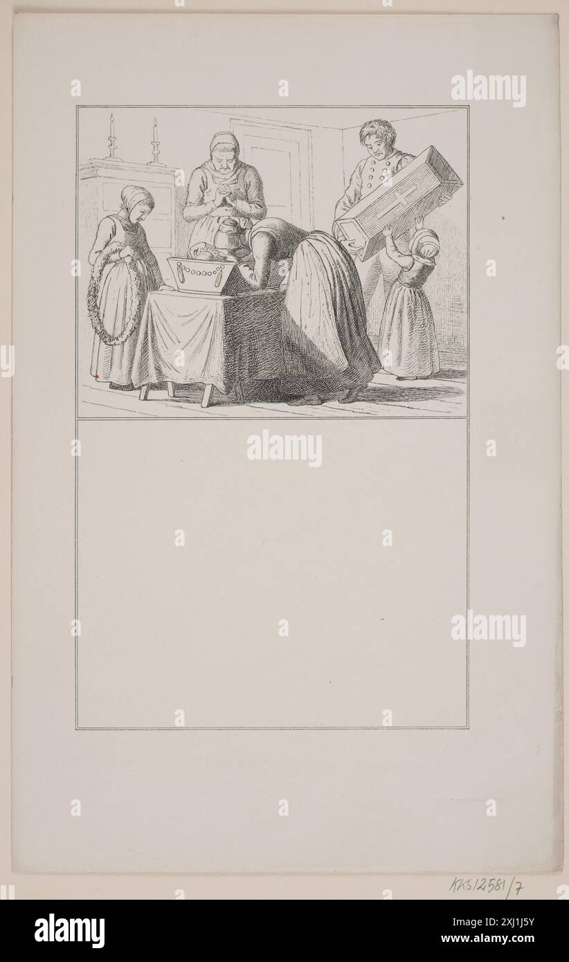 Questa litografia di Kittendorff, Exner e Winther mostra una figura in piedi accanto a una bara, che rappresenta il lutto e il rituale in un contesto funerario. Foto Stock