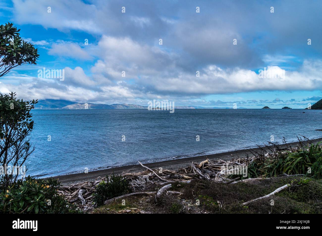 Costa di Kapiti vista dalla riserva naturale dell'isola di Kāpiti, spiaggia della costa di Kāpiti, Isola del Nord, nuova Zelanda Foto Stock