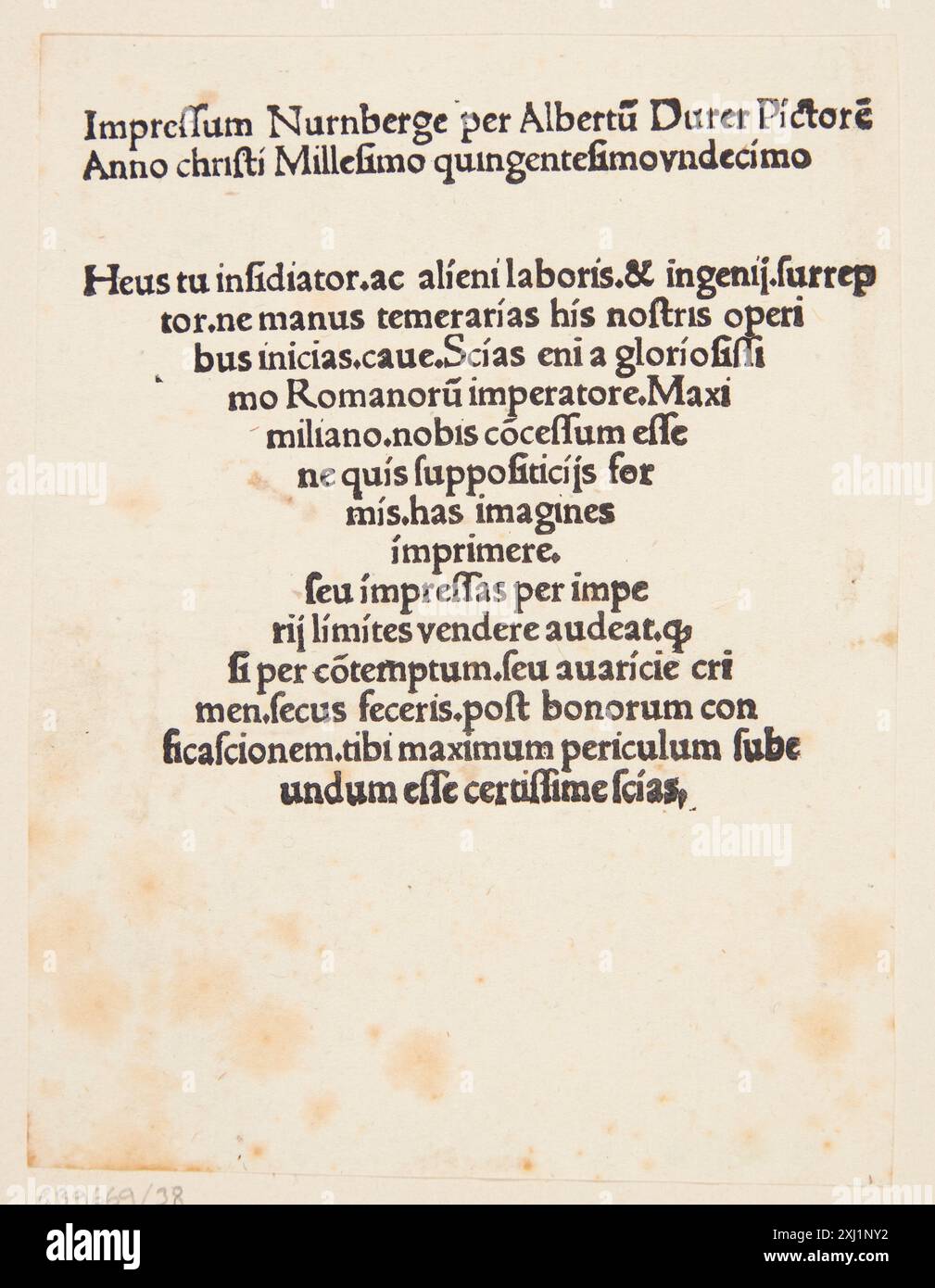 Colophon Dürer, Albrecht 1471 - 1528 Woodcut, Print Dürer-Katalog: ein Handbuch über Albrecht Dürers Stiche, Radierungen, Holzschnitte, deren Zustände, Ausgaben und Wasserzeichen, Joseph Meder, nr. 125-162, 11088, 1932. Incisioni tedesche, incisioni e incisioni in legno di Hollstein 1400-1700 (vol. VII), Albrecht e Hans Dürer, R.W. Scheller, Kat. n. 161, C 37615, 1962. The Illustrated Bartsch 10, Sixteenth Century German Artists, Albrecht Dürer: Albrecht Dürer, Walter L. Strauss, 16-52, Woodcuts, C 36179, 1980. Albrecht Dürer's kleine Passion Nürnberg 1510: Nürnberg 1510, München 1884, Ubekendt, AFB. Foto Stock