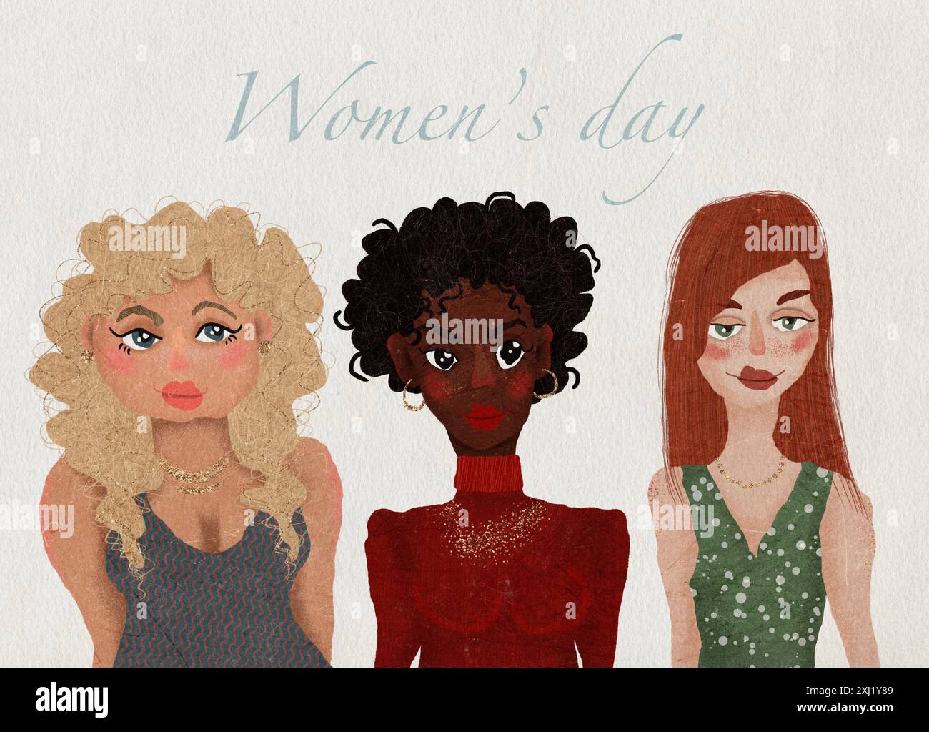 Illustrazione di tre donne di diverse etnie che celebrano la giornata delle donne insieme con solidarietà e gioia Foto Stock