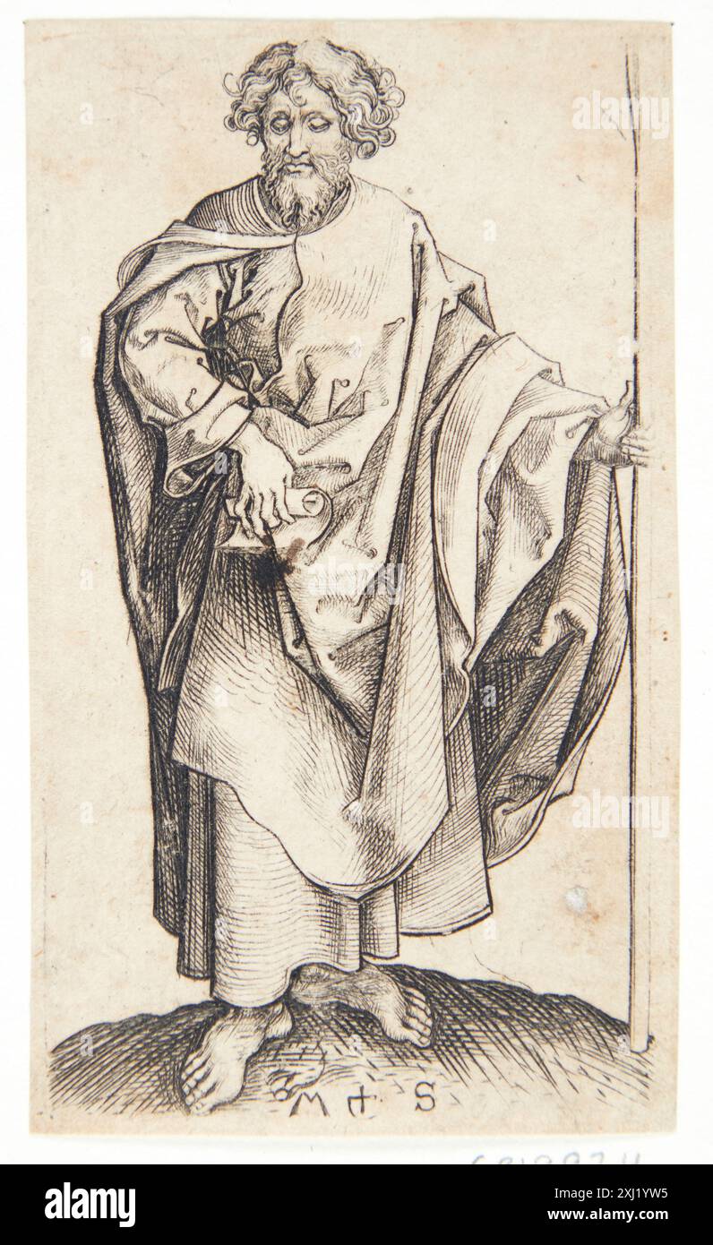 L'apostolo Tomas Schongauer, Martin 1428 - 1491 incisione in rame, Stampa Hollstein's German Engravings, Etchings and Woodcuts 1400-1700 (vol. XLIX), Ludwig Schongauer to Martin Schongauer, Lothar Schmitt, 46, k1999-317, 2000. The Illustrated Bartsch 8, Early German Artists, Master E.S., Schongauer, Monogrammists, Jane C. Hutchison, 44, C 36174, 1980 Apostlen Tomas Foto Stock