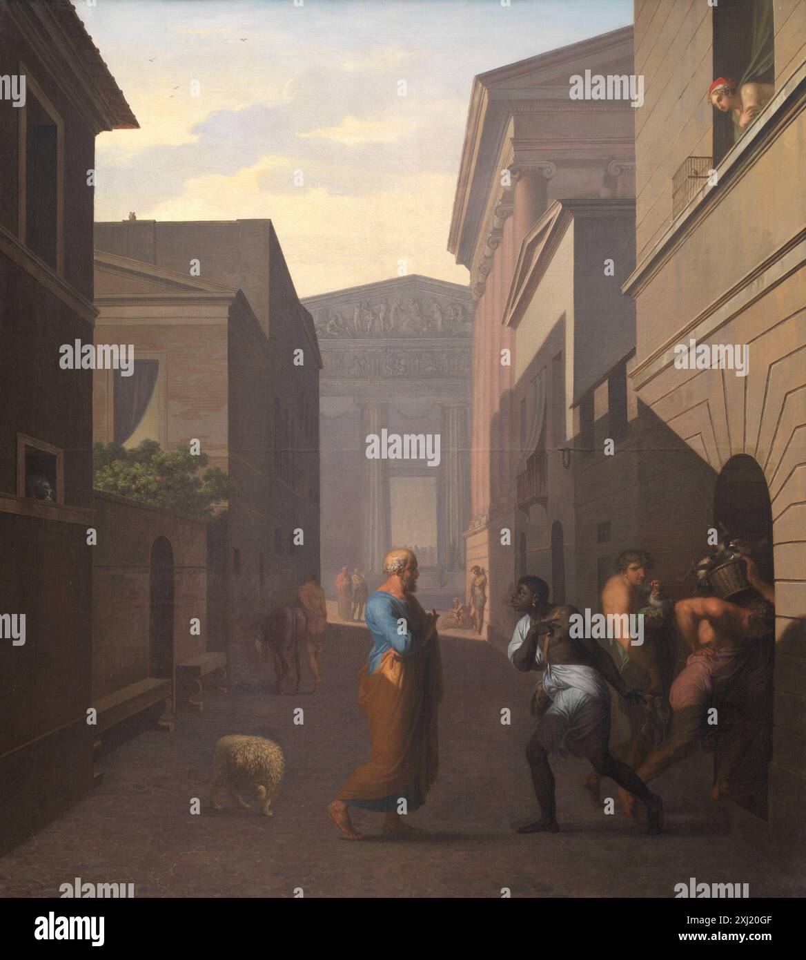 Dipinto di Nicolai Abildgaard raffigurante Simo e la sua ex schiava Sosia dall'Andria di Terence, mostrando gesto, interazione e costume d'epoca. Foto Stock