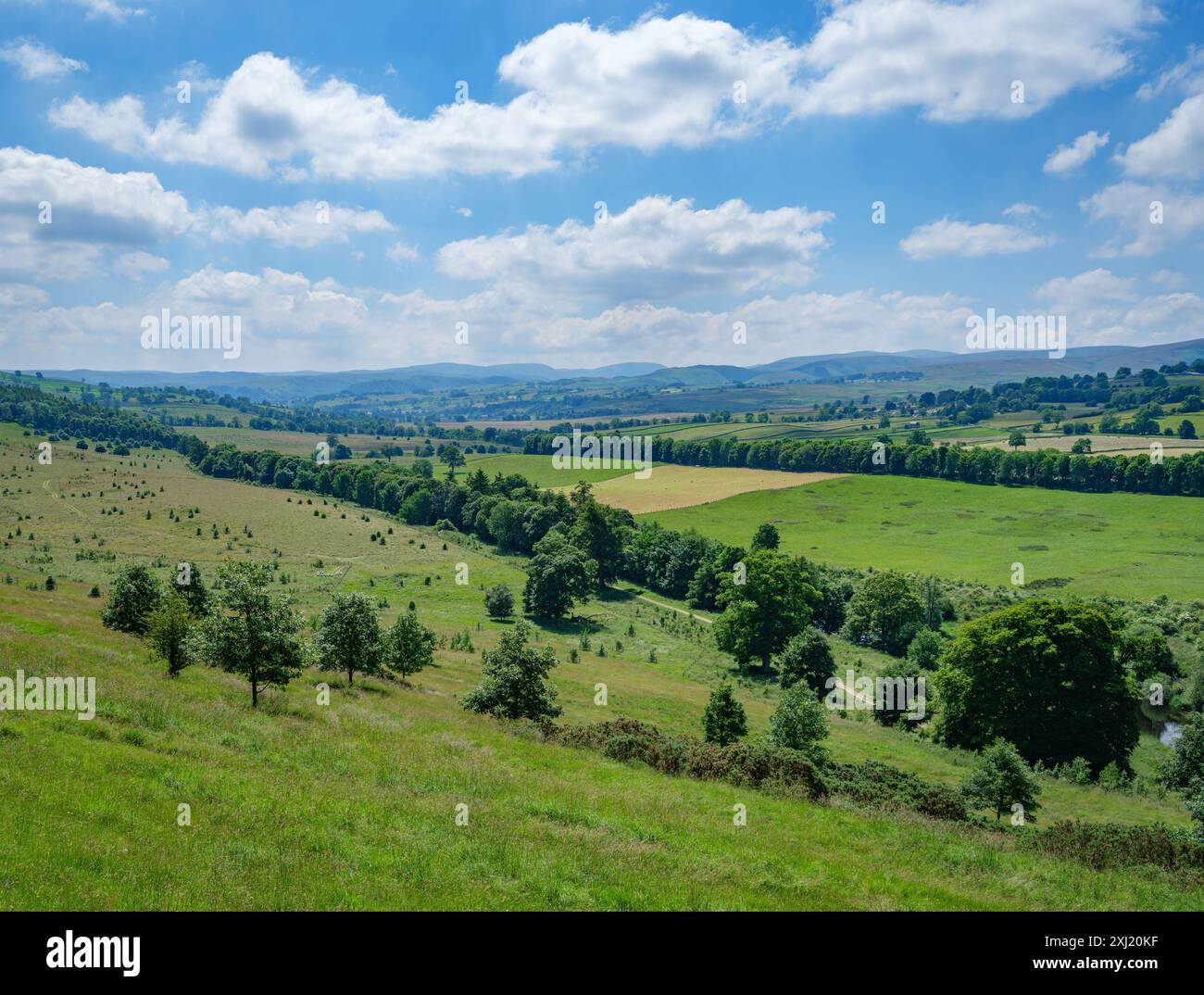 Vista dal parco del castello di Lowther sul lontano lago Dstrict in Cumbria, Regno Unito Foto Stock