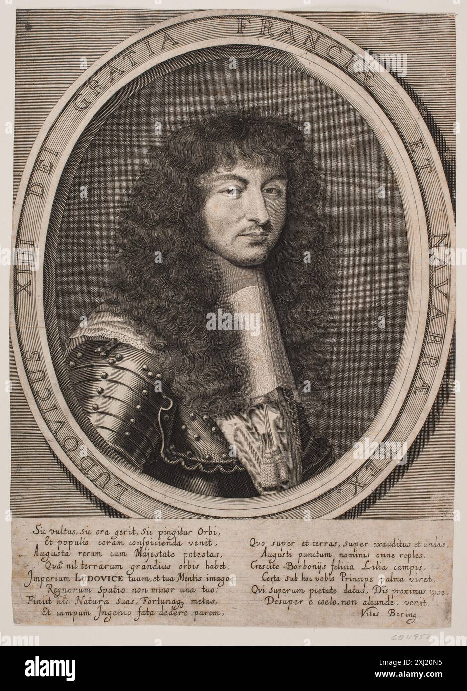 Incisione in rame di Albert Haelwegh e Robert Nanteuil raffigurante re Luigi XIV di Francia, mostrando il suo abbigliamento reale e le convenzioni di ritratti formali del XVII secolo. Foto Stock