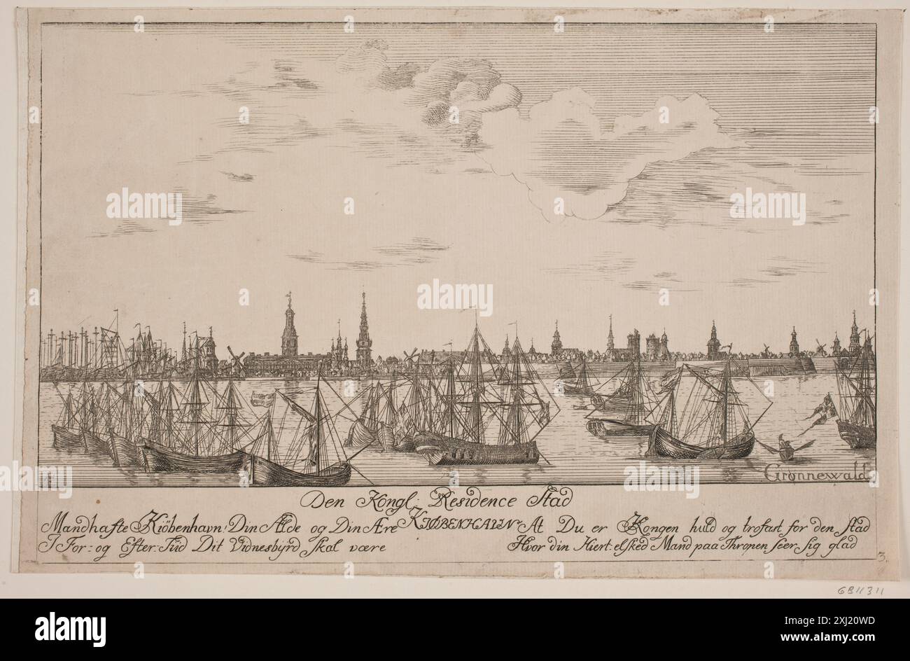 Copenaghen vista dal lago Grønvold, Poul Isac 1718 - 1790 incisione, Print Samlinger til en beskrivende Fortegnelse over danske kobberstik, raderinger, illustratore m. m., Frederik G. Krohn, nr. 199, D 3448, 1889 København set fra søen Foto Stock