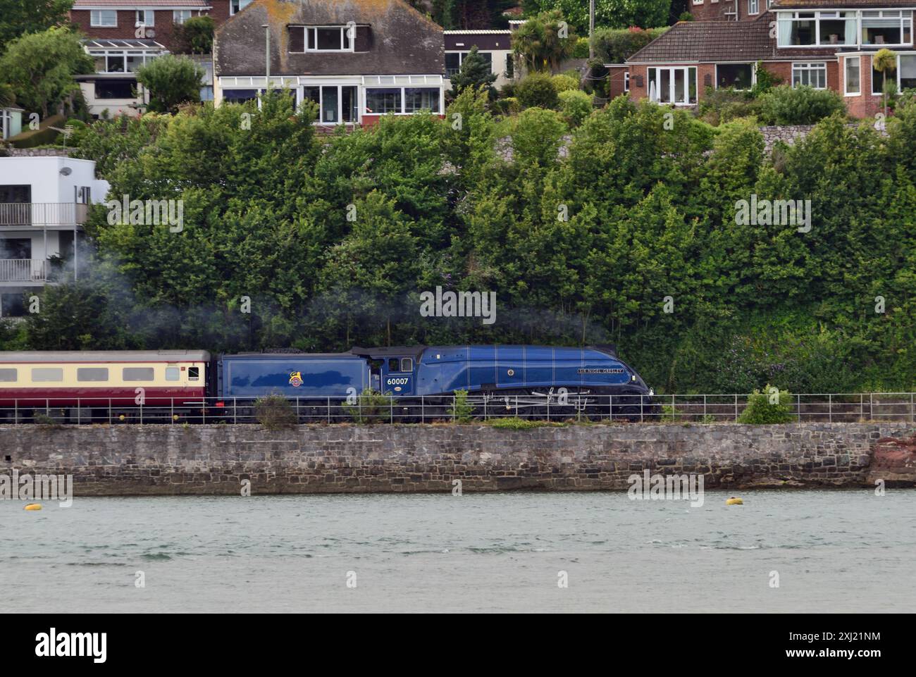 LNER Classe A4 Pacific No 60007 Sir Nigel Gresley a fianco dell'estuario Teign a Teignmouth con la tratta di ritorno dell'English Riviera Express. Foto Stock