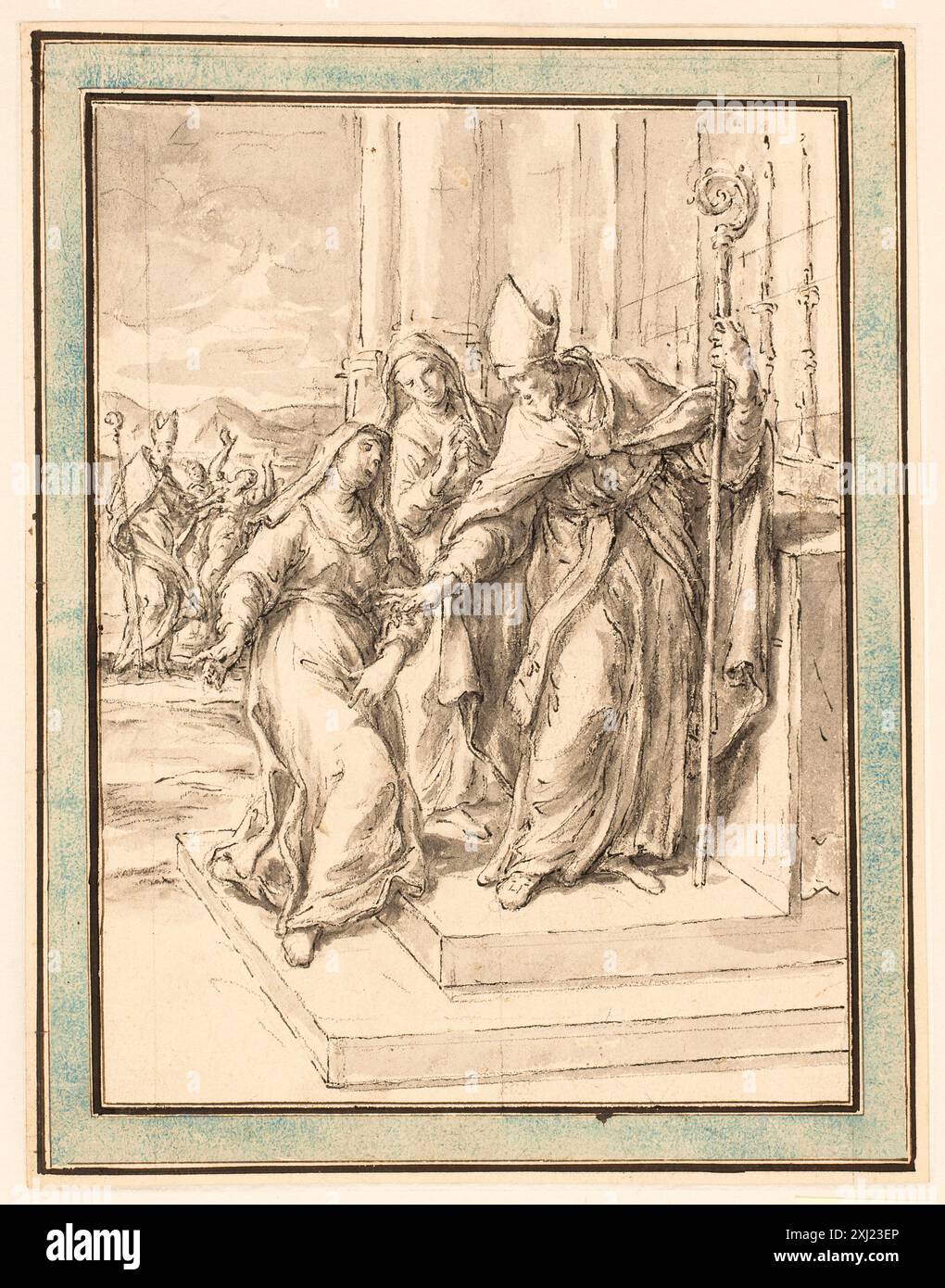 Questo disegno di Marco Benefial raffigura un vescovo e due suore su un altare, con un altro vescovo che guarisce una donna posseduta sullo sfondo. Fa parte dei disegni romani prima del 1800 nel Dipartimento di stampe e disegni dello Statens Museum for Kunst, catalogato come 110. Foto Stock