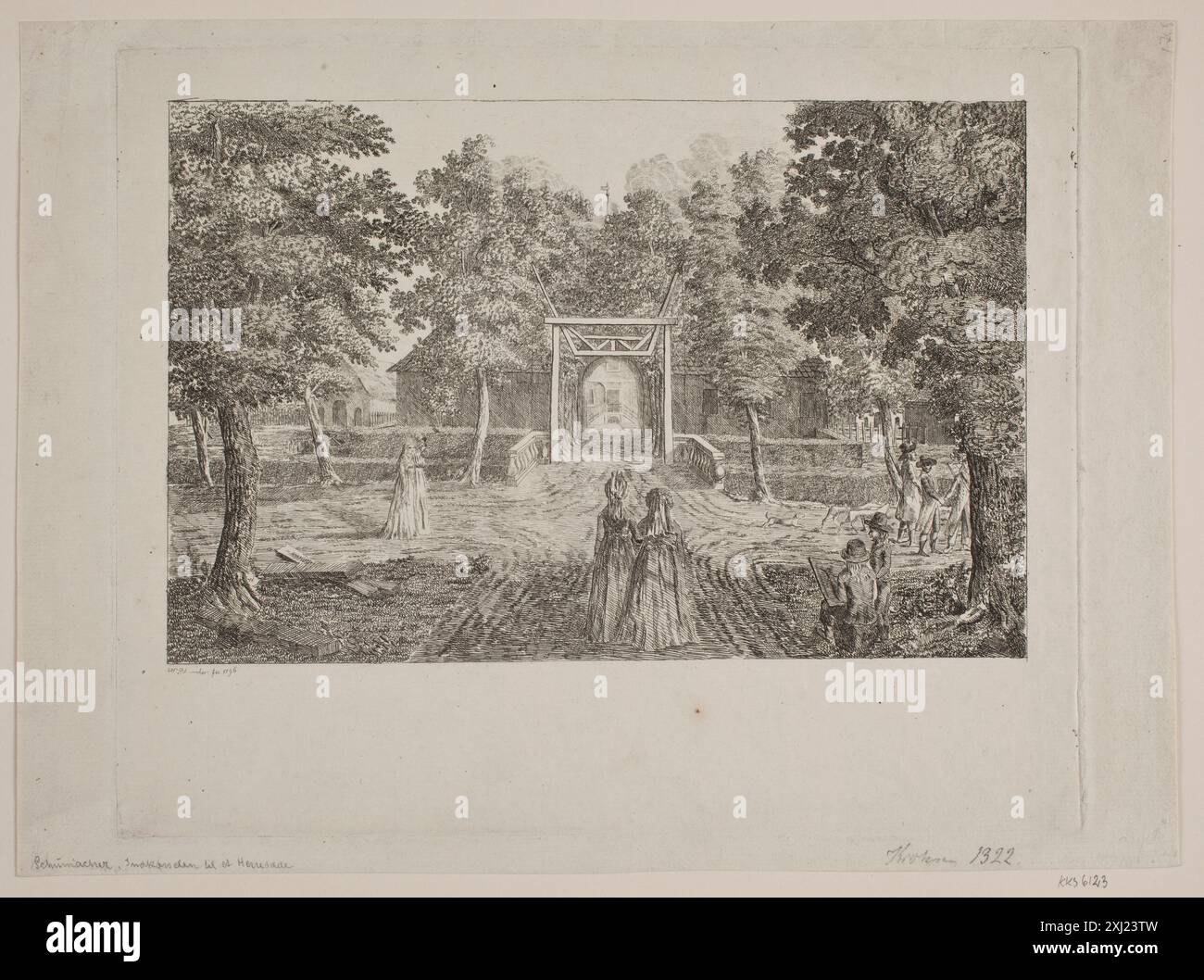 Incisione di Heinrich Christian Schumacher (1780-1850) che raffigura l'ingresso alla sede di un signore, mostrando cancelli, vialetti, caratteristiche architettoniche e paesaggio circostante. Foto Stock
