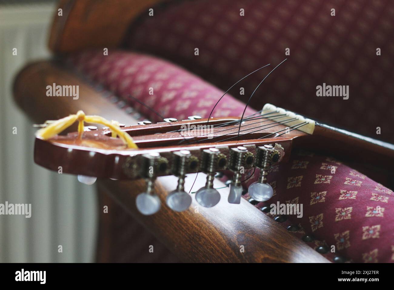 Un'immagine splendidamente dettagliata della parte testa e dei perni di sintonizzazione di un Charango, un tradizionale strumento sudamericano a corde. Scattata con un soffice soffice fo Foto Stock