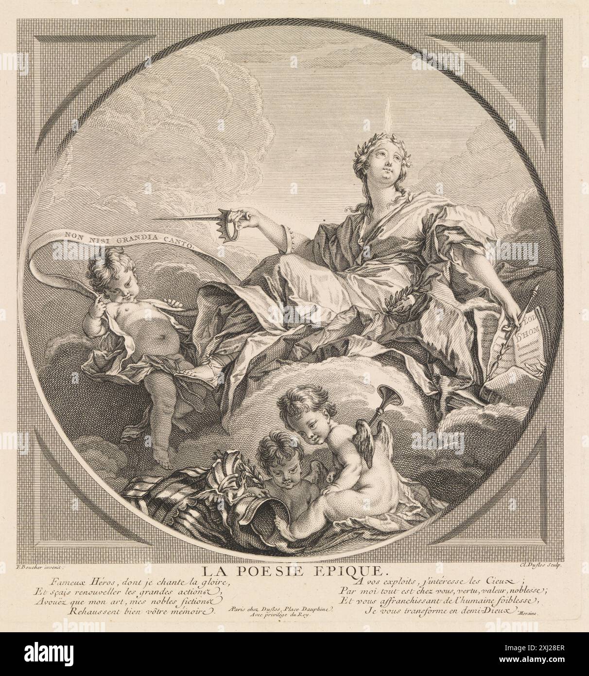 La poesia epica Duflos, Claude-Augustin 1700 - 1786, Boucher, Francois 1703 - 1770, Duflos, Claude-Augustin 1700 - 1786 incisione in rame, Print Inventaire du fonds franais: Graveurs du XVIIIe siècle VIII: Duflos - Ferée, Marcel Roux, p. 79, nr. 137, SMK 2,780:8, 1955. Manuel de l'amateur d'estampes, Charles le Blanc, vol. II, pag. 151, nr. 65, C 35580, 1854-[1890] Den episke poesi Foto Stock