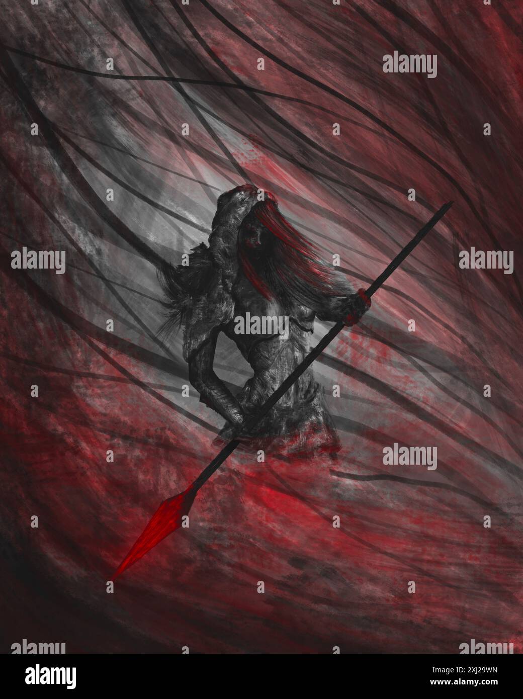 Guerriero fantasy, donna con lancia, illustrazioni scure, rosso e nero Foto Stock