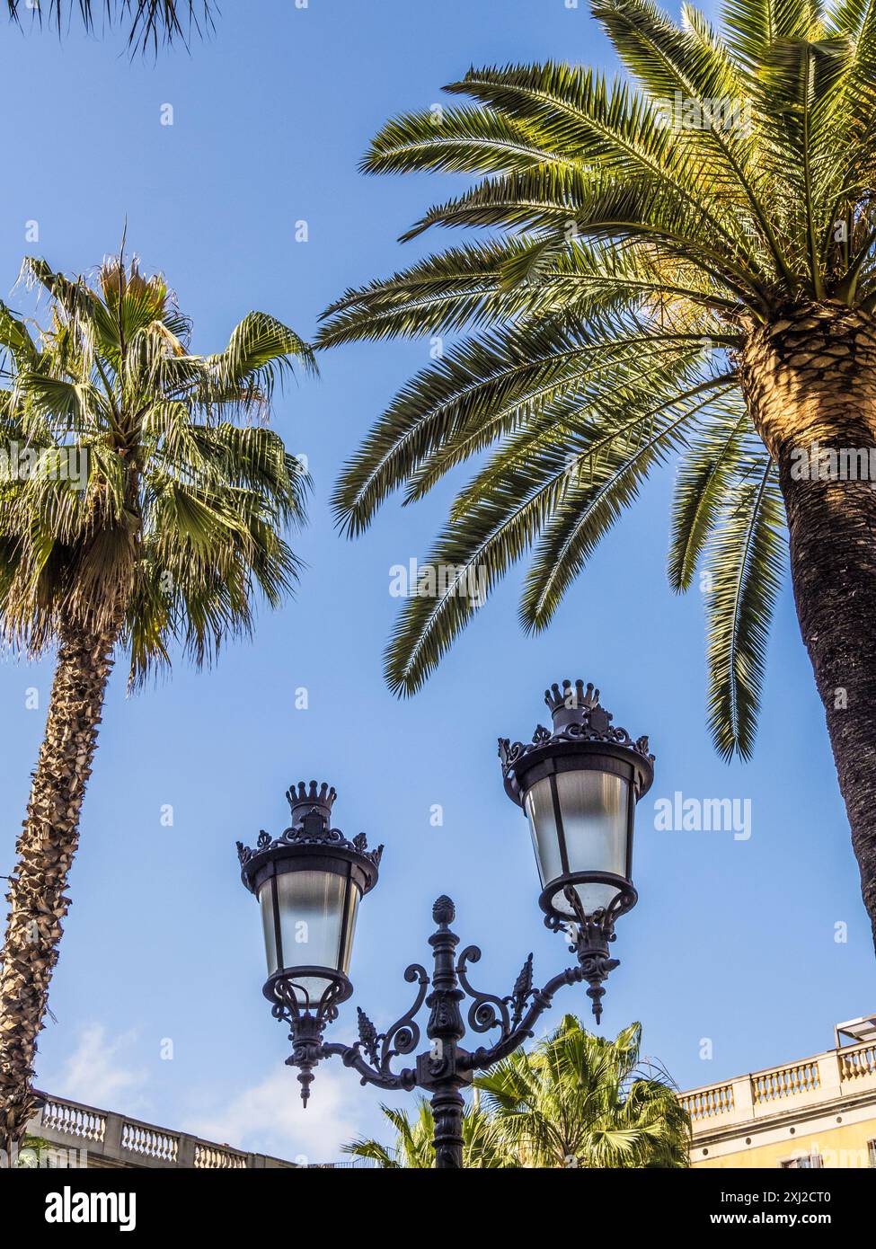 Street Lightsi in Plaza Reial nel Barri Gotic di Barcellona, Catalogna, Spagna. Foto Stock