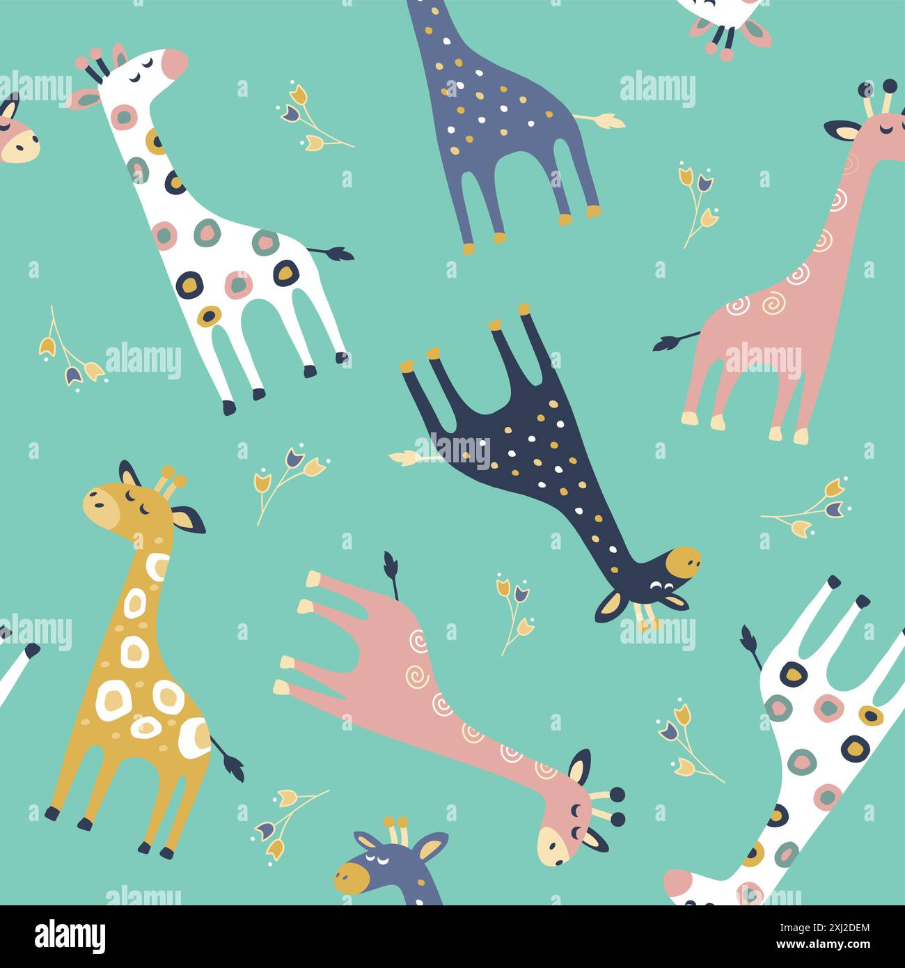 Illustrazione con giraffe in stile infantile. Arte per decorazione, tessuti e carta regalo, tra gli altri usi. Illustrazione Vettoriale