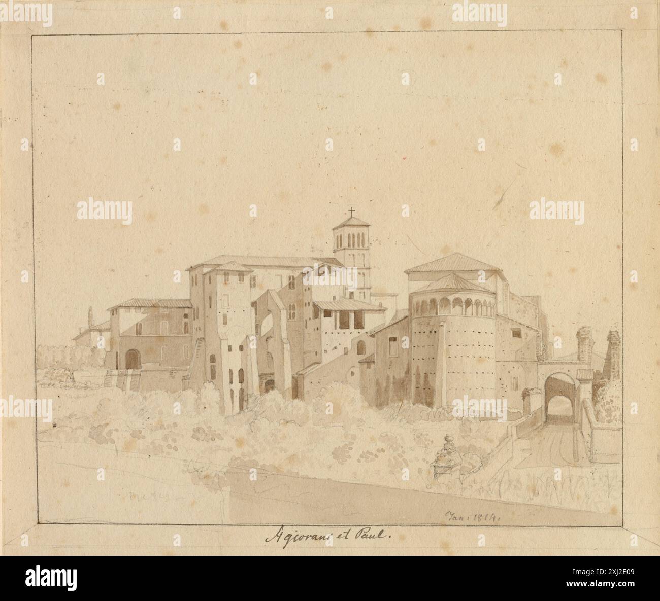 Disegno di C.W. Eckersberg (1783–1853) raffigurante SS. La chiesa di Giovanni e Paolo è collocata tra Piazza S. Gregorio a Roma, mettendo in risalto il contesto architettonico e urbano. Foto Stock